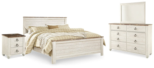 Willowton Whitewash King Panel Bedroom Set with Dresser, Mirror, and Nightstand