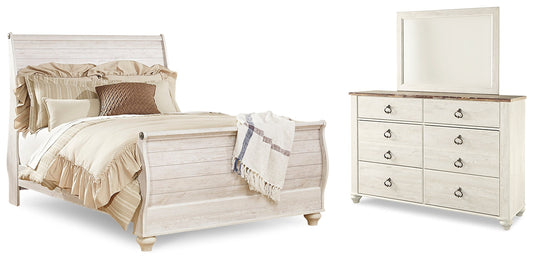 Willowton Whitewash Queen Sleigh Bedroom Set with Dresser and Mirror