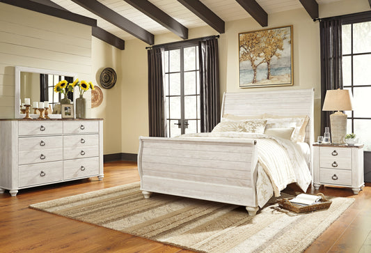 Willowton Whitewash Queen Sleigh Bedroom Set with Mirrored Dresser and Nightstand