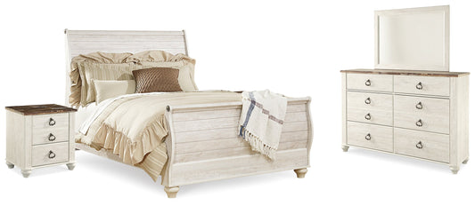 Willowton Whitewash Queen Sleigh Bedroom Set with Dresser, Mirror and 2 Nightstands