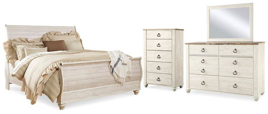 Willowton Whitewash King Sleigh Bedroom Set with Dresser, Mirror and Chest