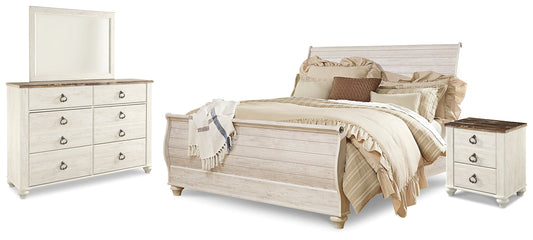 Willowton Whitewash King Sleigh Bedroom Set with Dresser, Mirror and Nightstand