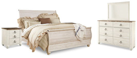 Willowton Whitewash King Sleigh Bedroom Set with Dresser, Mirror and 2 Nightstands