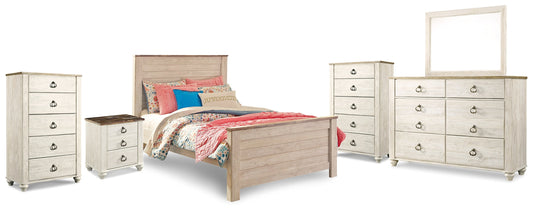 Willowton Whitewash Full Panel Bedroom Set with Dresser, Mirror, 2 Chests and nightstand