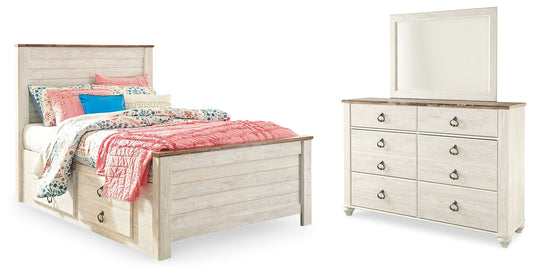 Willowton Whitewash Full Panel Bedroom Set with Storage, Dresser and Mirror