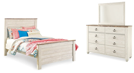 Willowton Whitewash Full Panel Bedroom Set with Dresser and Mirror