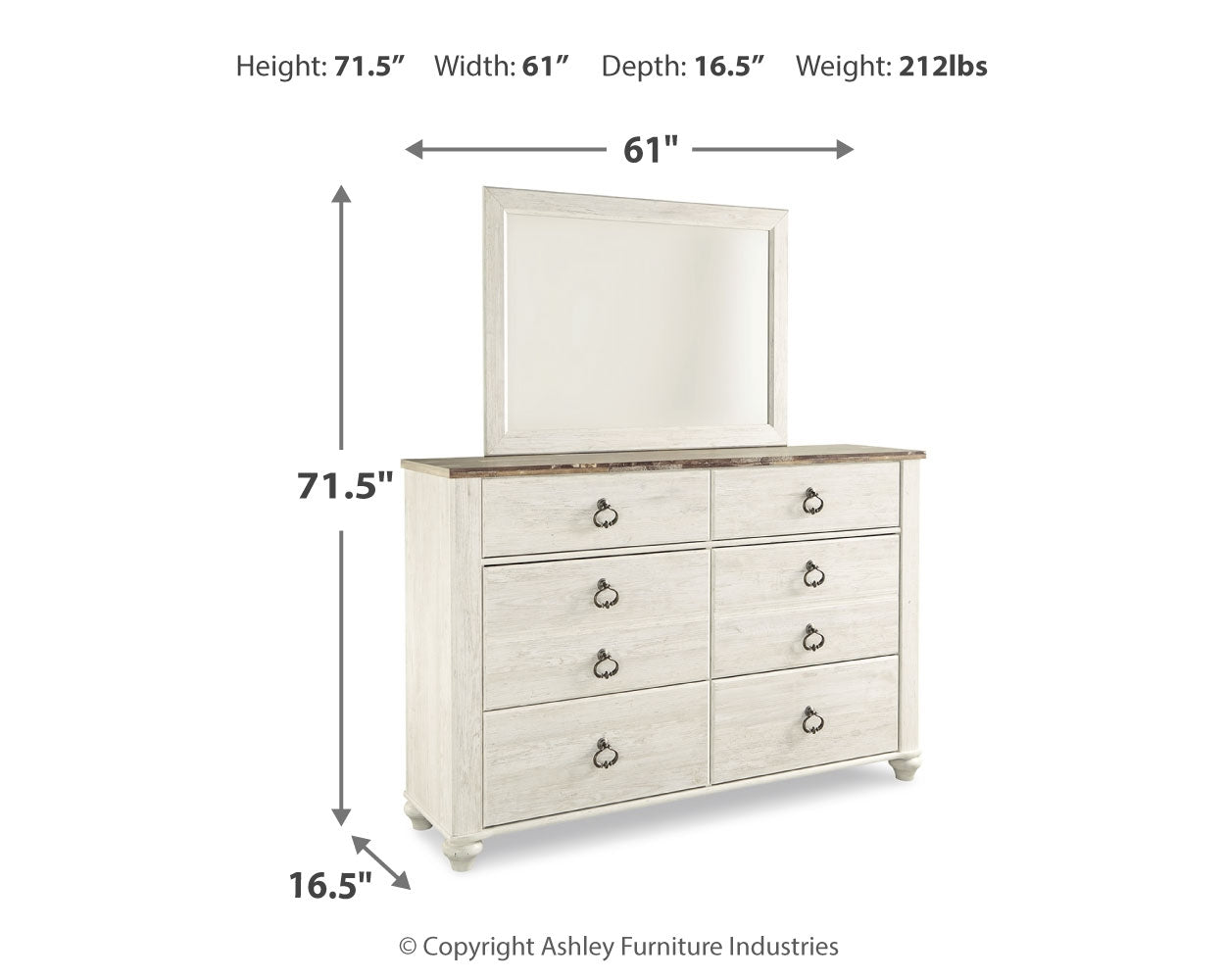 Willowton Whitewash Queen Sleigh Bedroom Set with Dresser, Mirror and 2 Nightstands