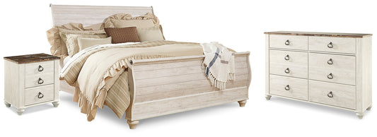 Willowton Whitewash King Sleigh Bedroom Set with Dresser and Nightstand