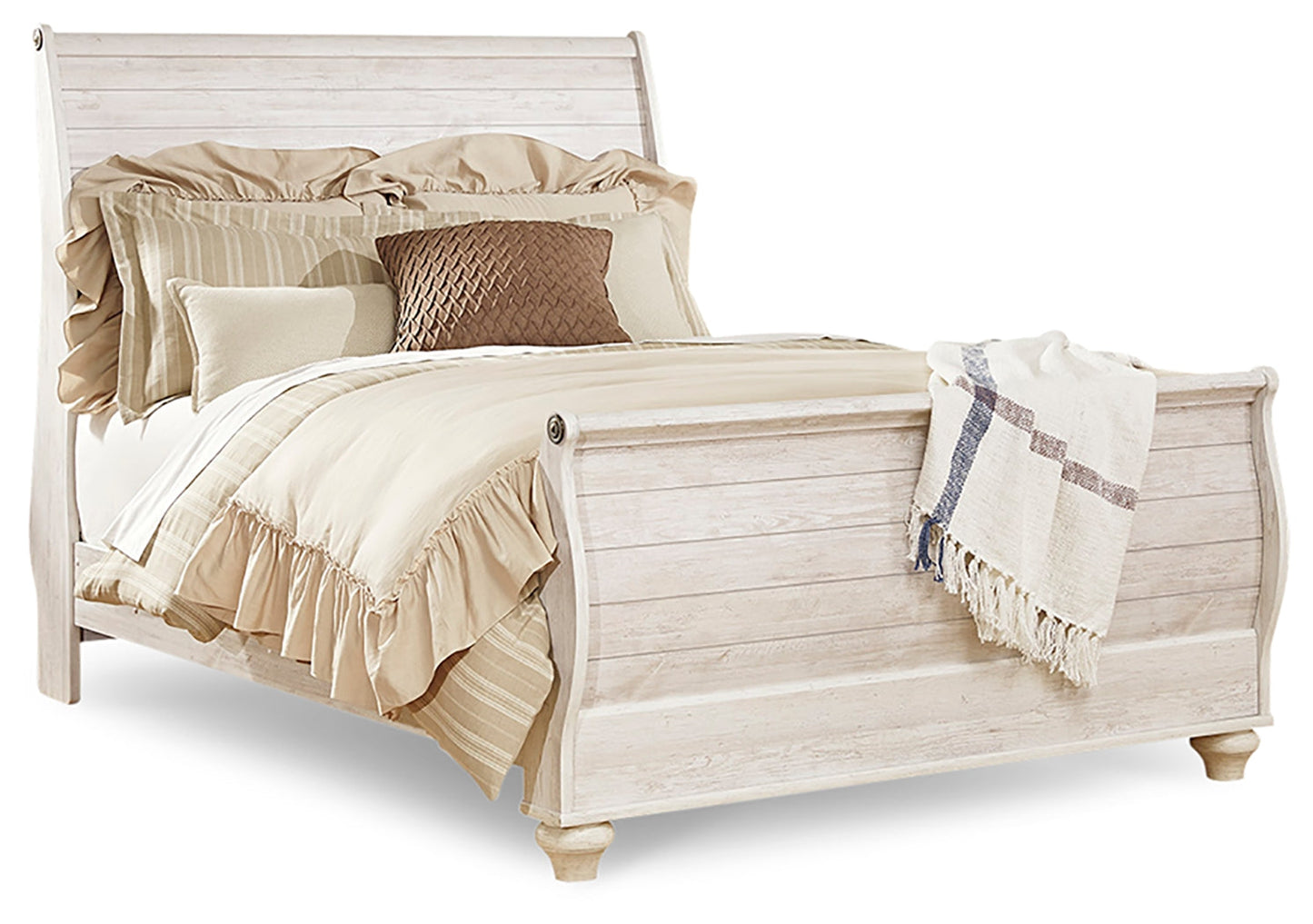 Willowton Whitewash Queen Sleigh Bedroom Set with Dresser, Mirror and 2 Nightstands