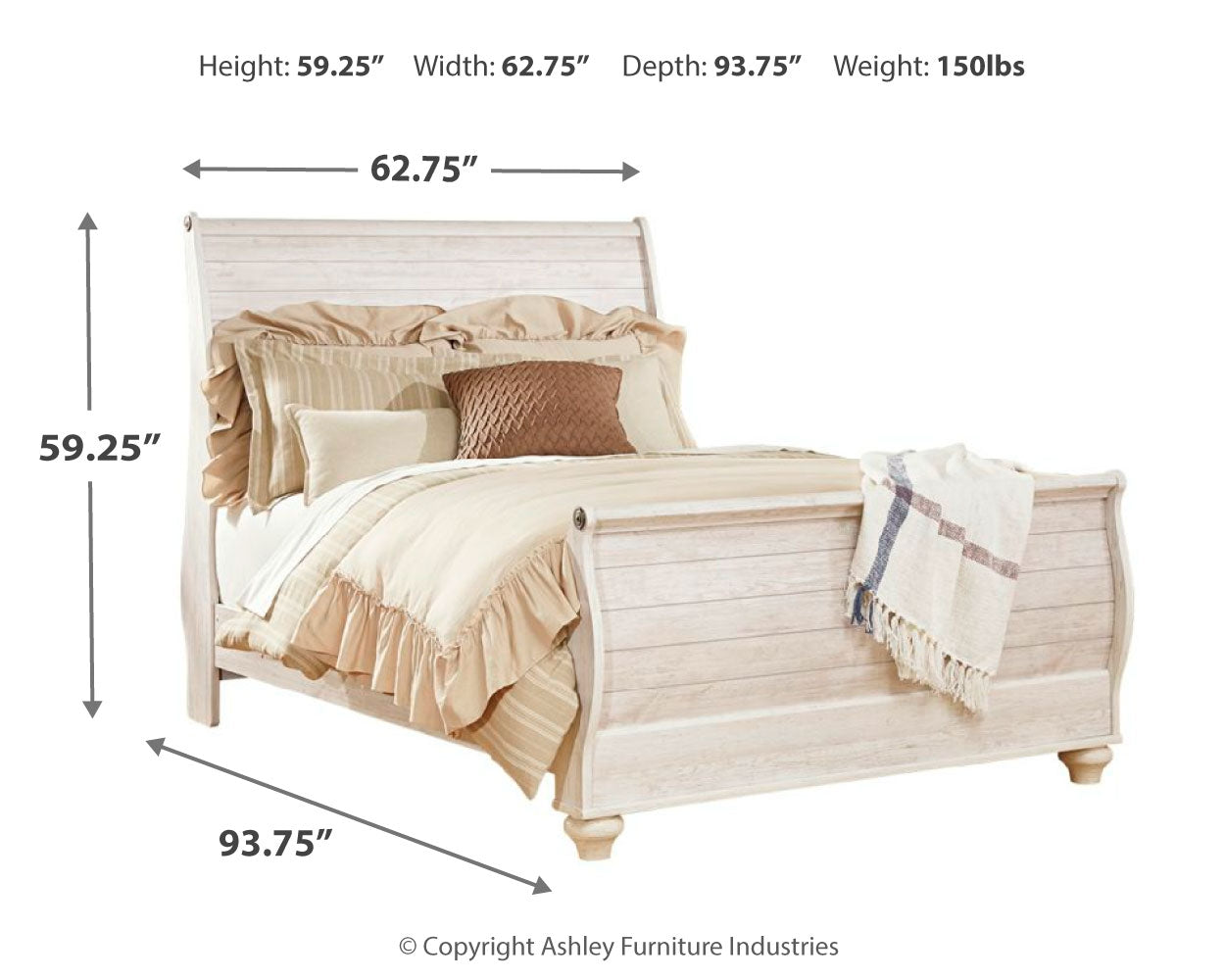 Willowton Whitewash Queen Sleigh Bedroom Set with Dresser, Mirror and 2 Nightstands