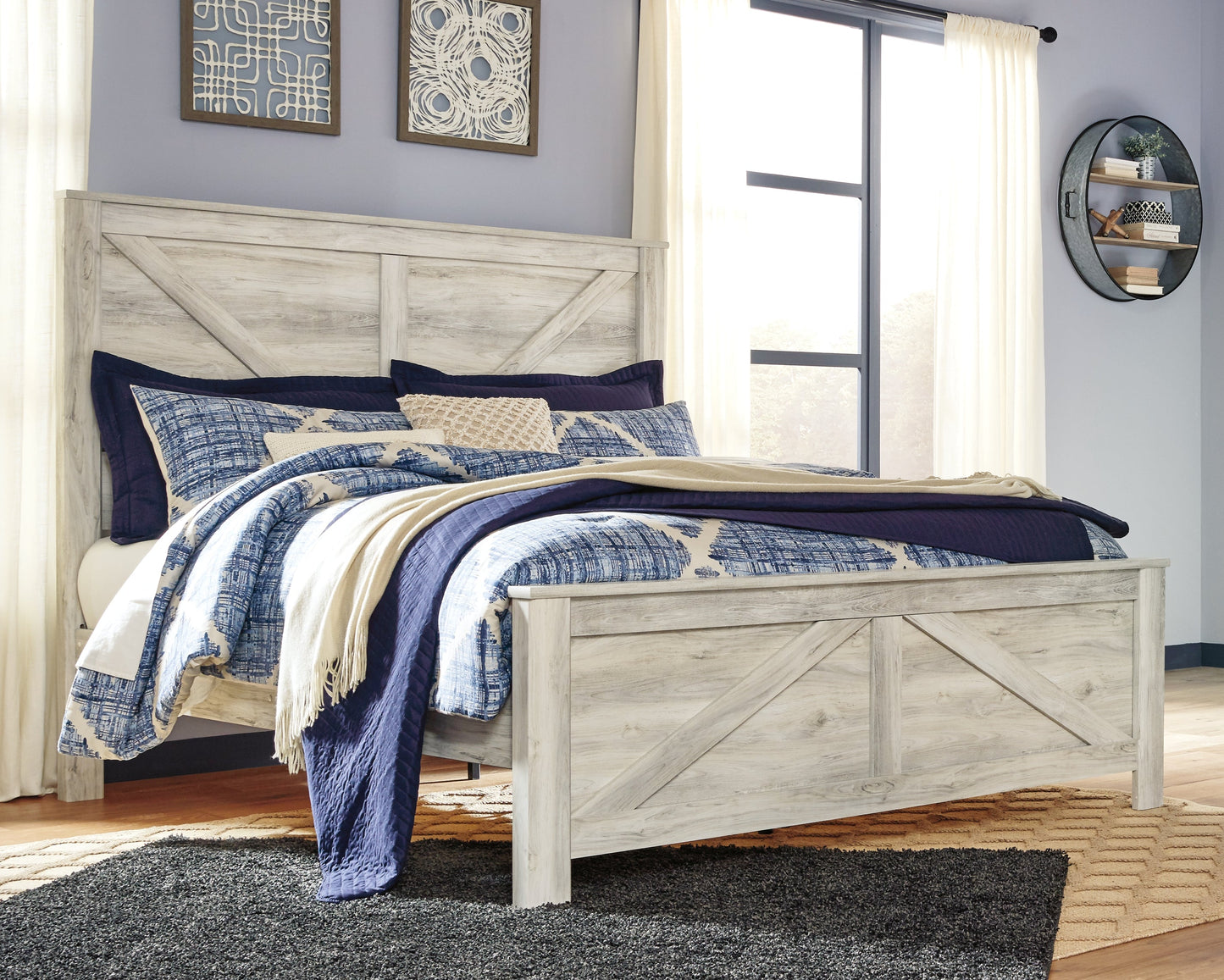 Bellaby Whitewash King Crossbuck Panel Bedroom Set with Dresser, Mirror, and Nightstand