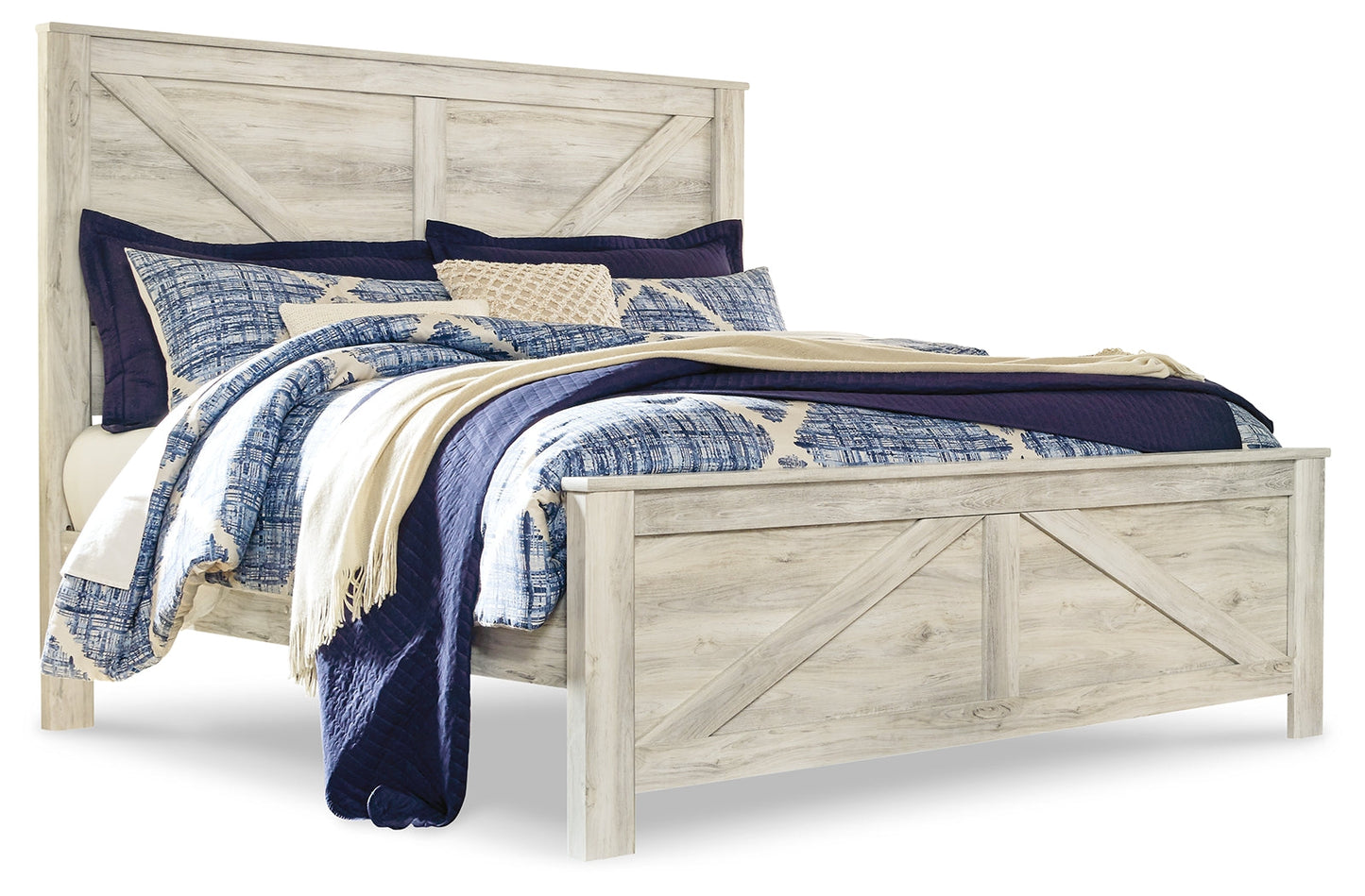 Bellaby Whitewash King Crossbuck Panel Bedroom Set with Dresser, Mirror, and Nightstand