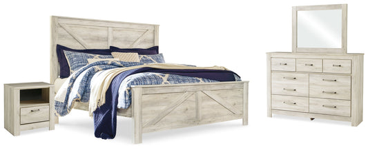 Bellaby Whitewash King Crossbuck Panel Bedroom Set with Dresser, Mirror, and Nightstand