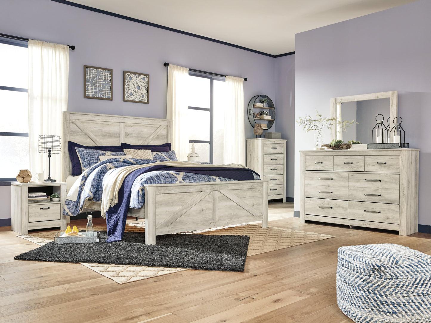 Bellaby Whitewash King Crossbuck Panel Bedroom Set with Dresser, Mirror, and Nightstand