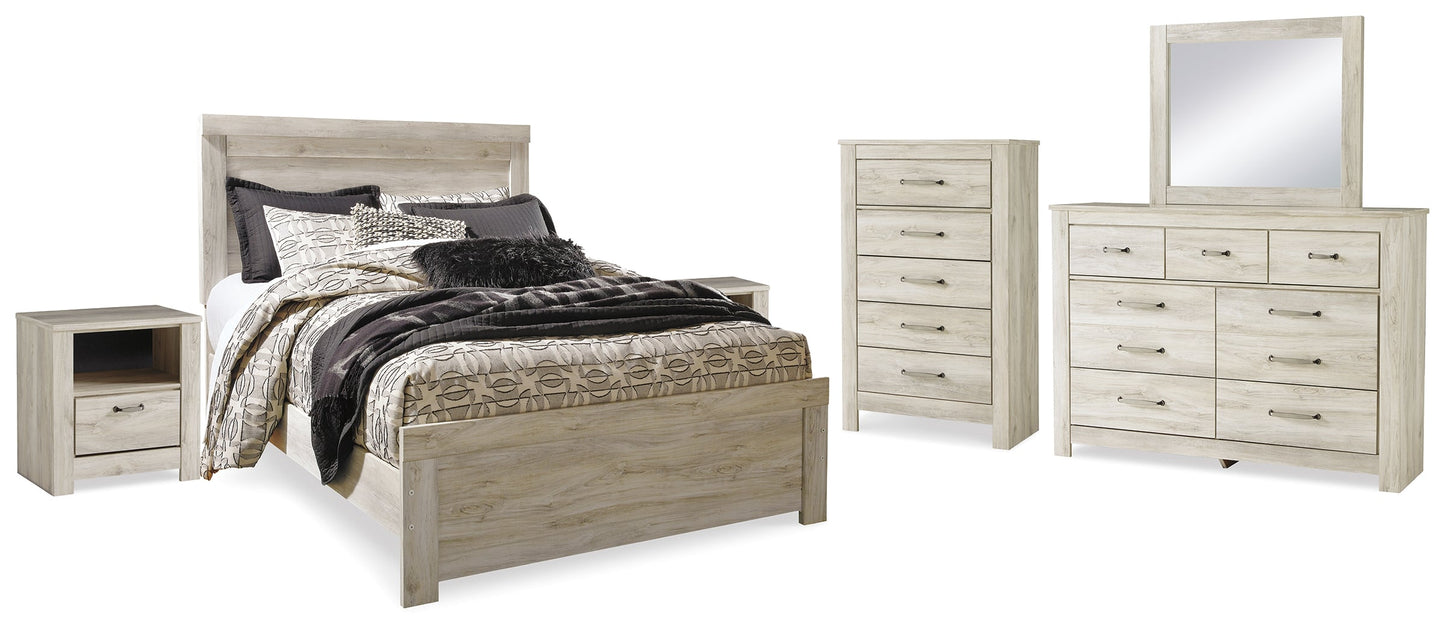 Bellaby Whitewash Queen Panel Bedroom Set with Dresser, Mirror, Chest and 2 Nightstands