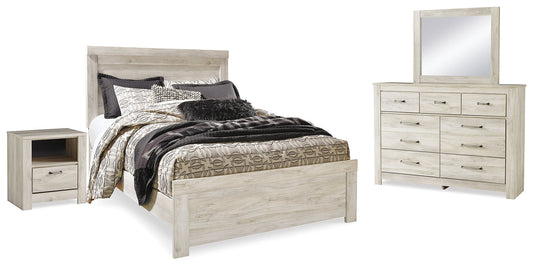 Bellaby Whitewash Queen Panel Bedroom Set with Dresser, Mirror, and Nightstand