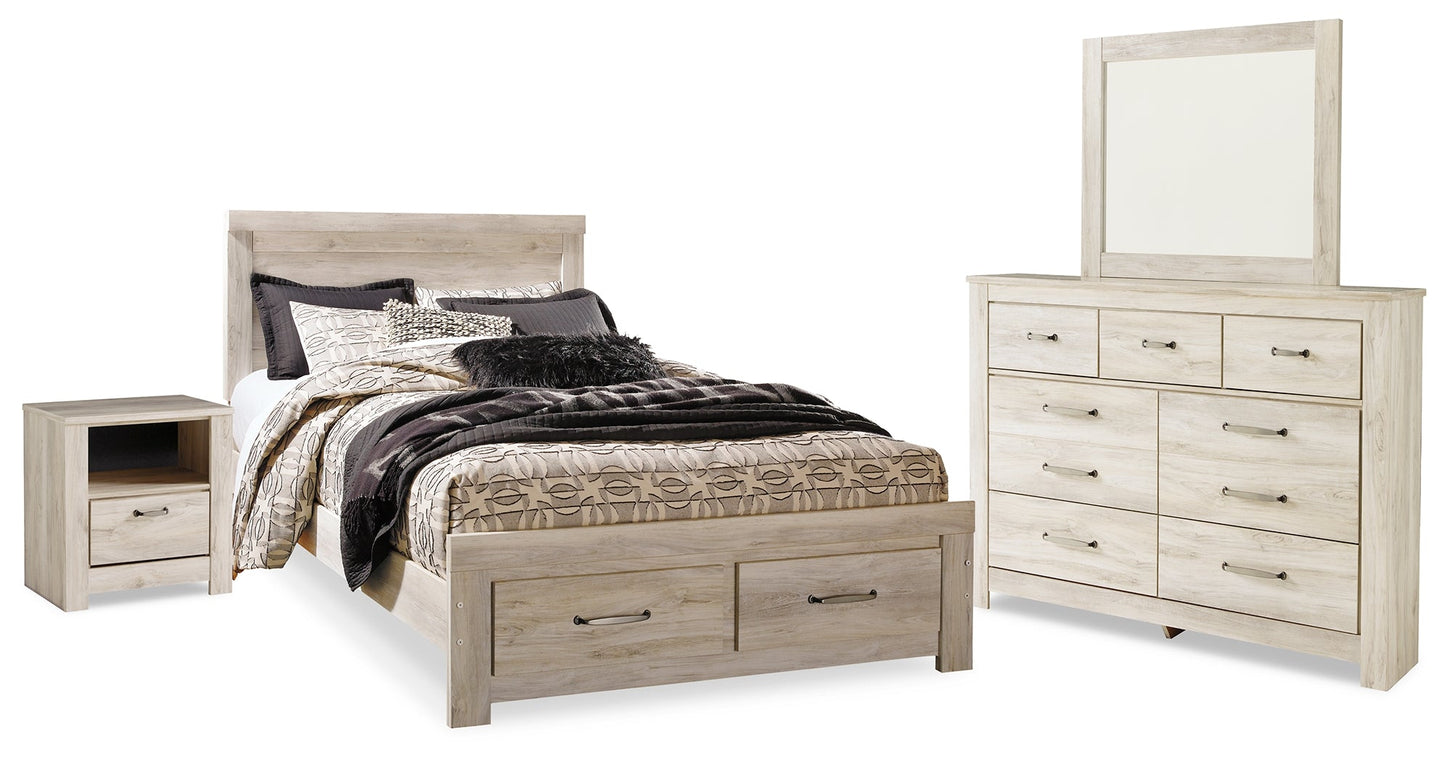 Bellaby Whitewash Queen Panel Storage Bedroom Set with Dresser, Mirror and Nightstand