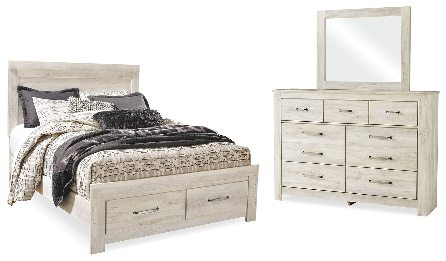 Bellaby Whitewash Queen Panel Storage Bedroom Set with Dresser and Mirror