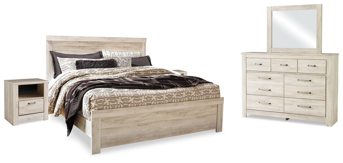 Bellaby Whitewash King Panel Bedroom Set with Dresser, Mirror and 2 Nightstands