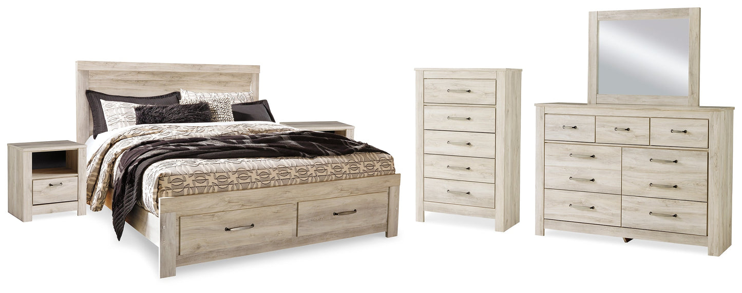 Bellaby Whitewash King Storage Bedroom Set with Dresser, Mirror, Chest and 2 Nightstands