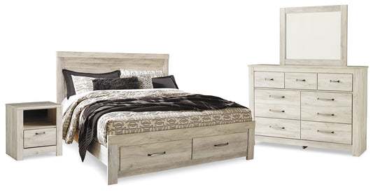 Bellaby Whitewash King Panel Storage Bedroom Set with Dresser, Mirror and Nightstand