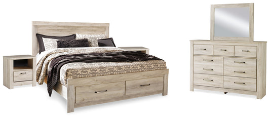 Bellaby Whitewash King Panel Storage Bedroom Set with Dresser, Mirror and 2 Nightstands