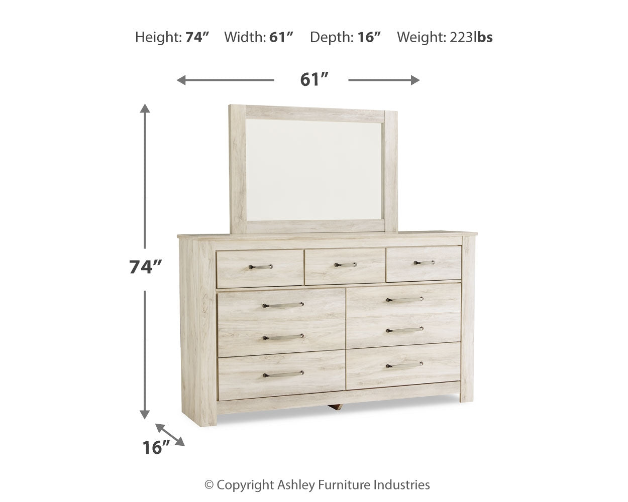 Bellaby Whitewash Queen Panel Storage Bedroom Set with Dresser, Mirror and Nightstand