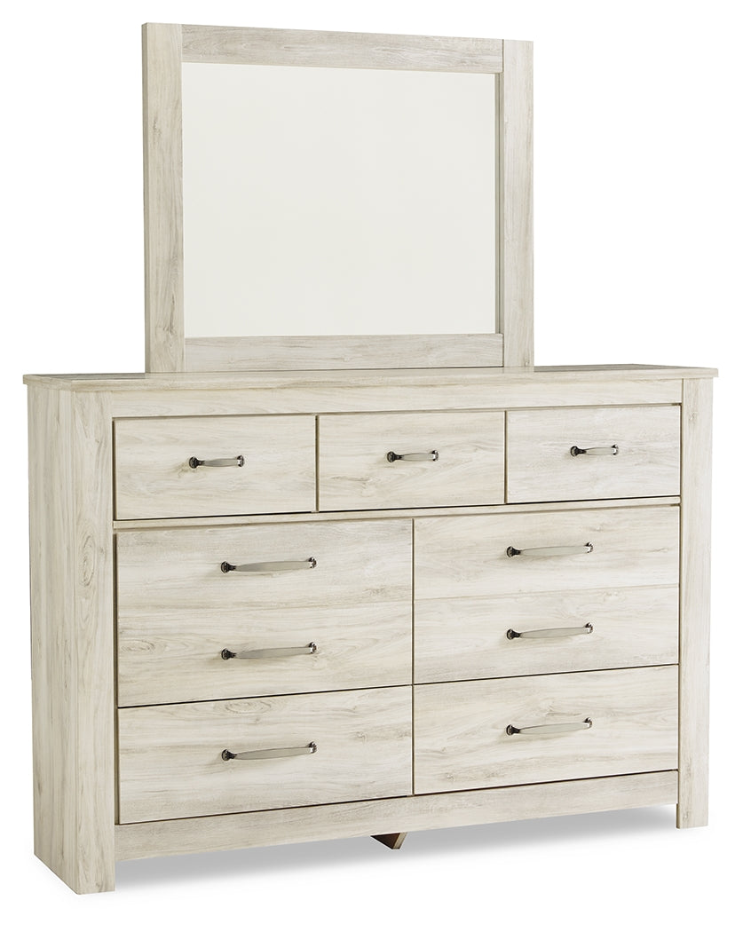 Bellaby Whitewash Queen Panel Storage Bedroom Set with Dresser, Mirror and Nightstand