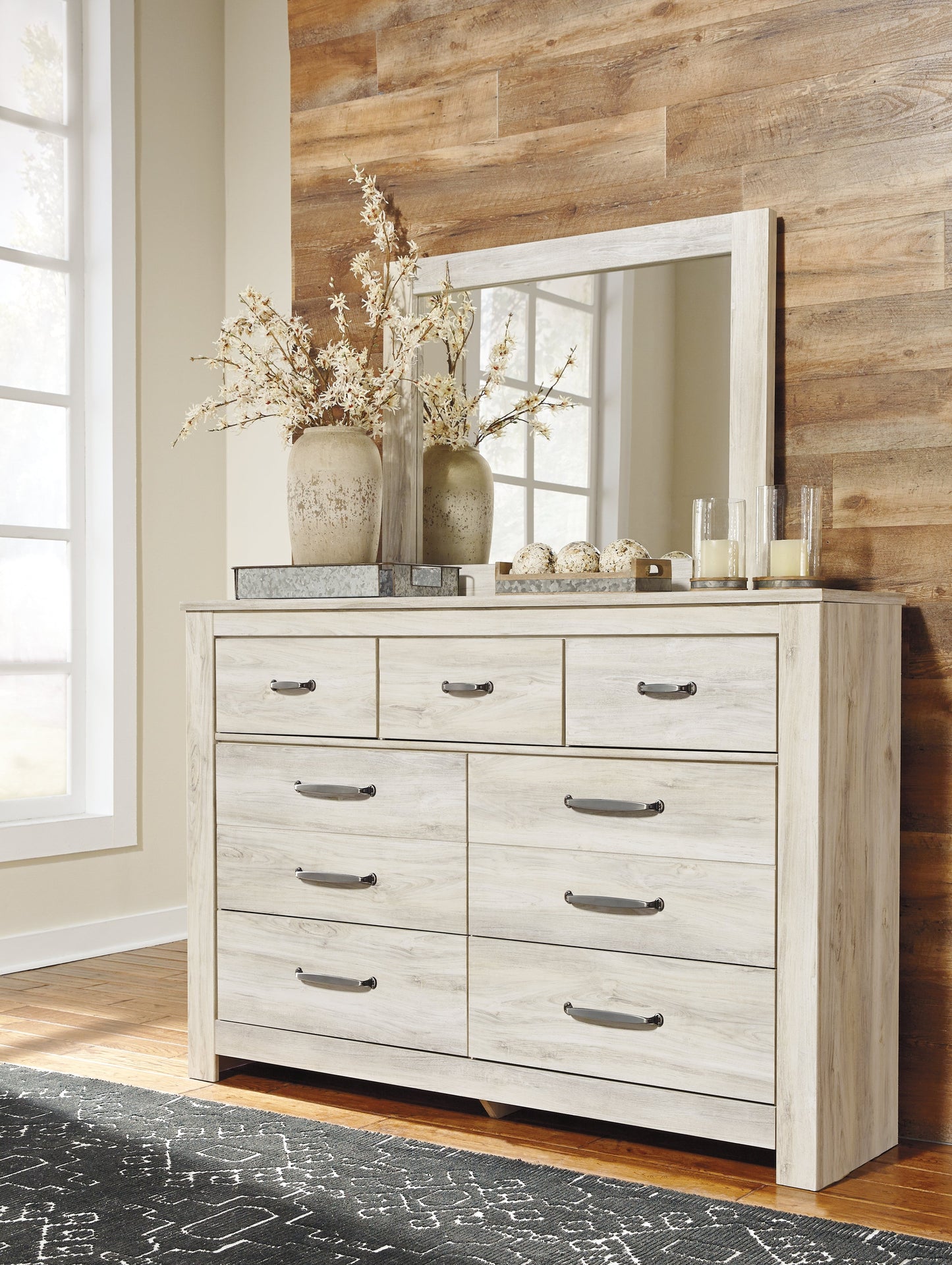 Bellaby Whitewash Queen Panel Bedroom Set with Dresser, Mirror, and Nightstand