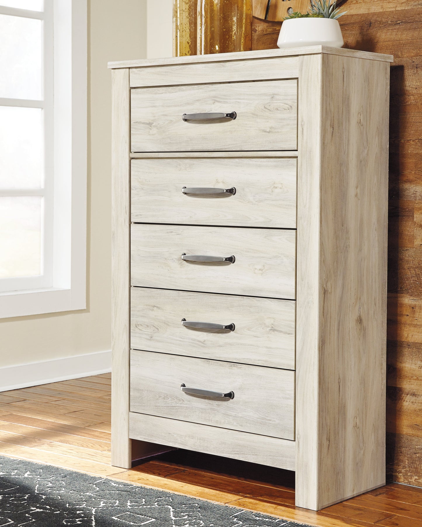 Bellaby Whitewash King Storage Bedroom Set with Dresser, Mirror, Chest and 2 Nightstands