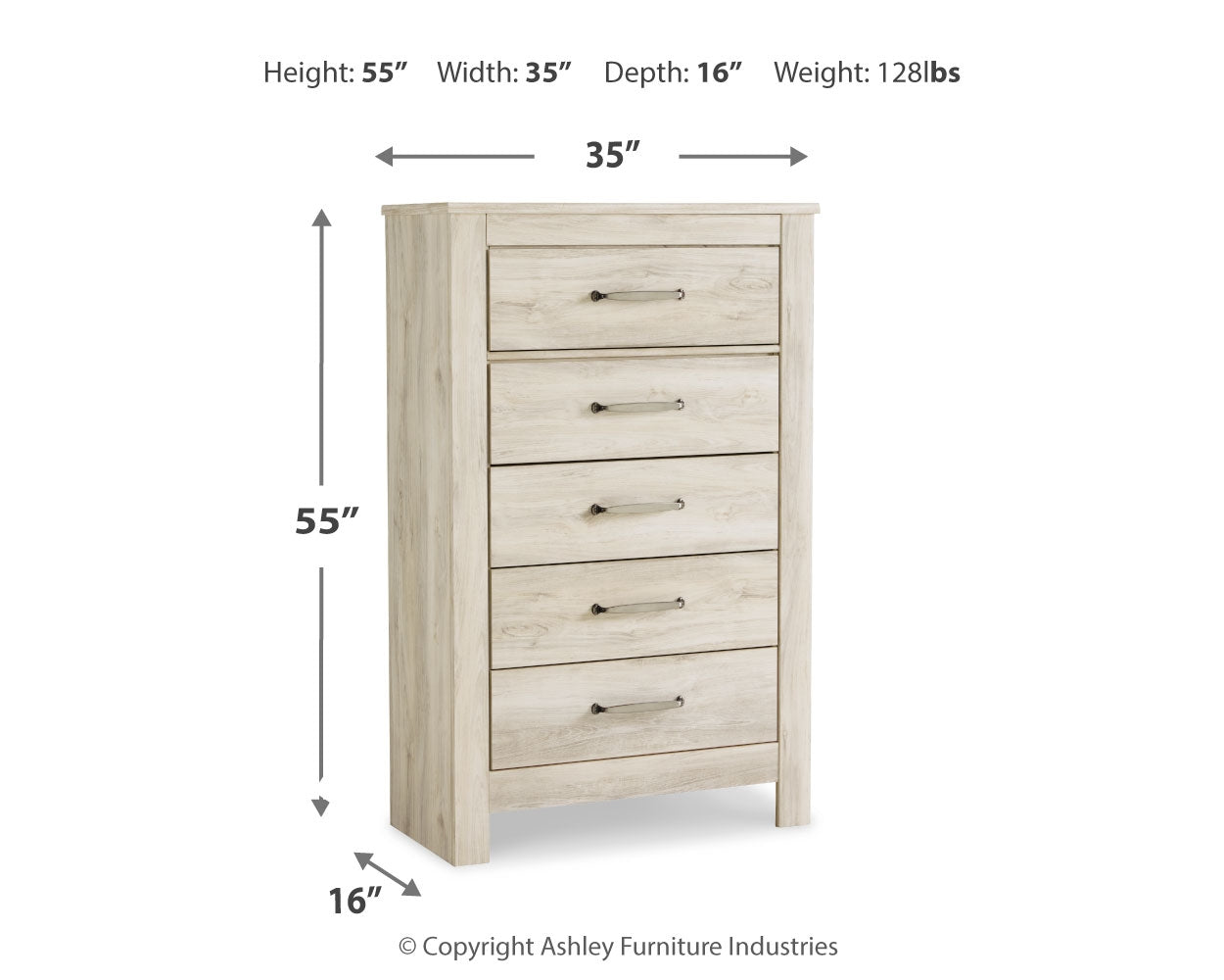 Bellaby Whitewash Queen Panel Bedroom Set with Dresser, Mirror, Chest and 2 Nightstands