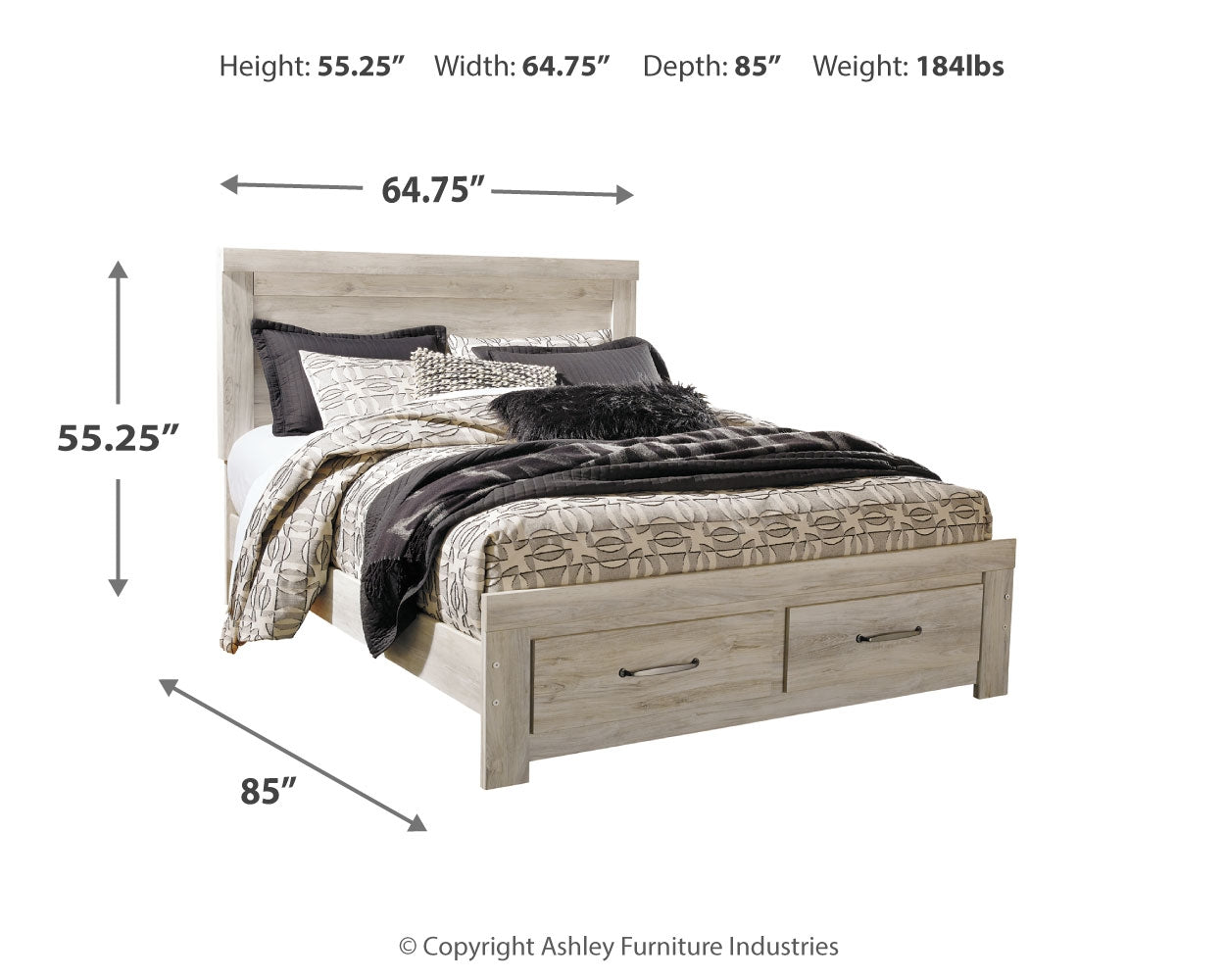 Bellaby Whitewash Queen Panel Storage Bedroom Set with Dresser, Mirror and Nightstand