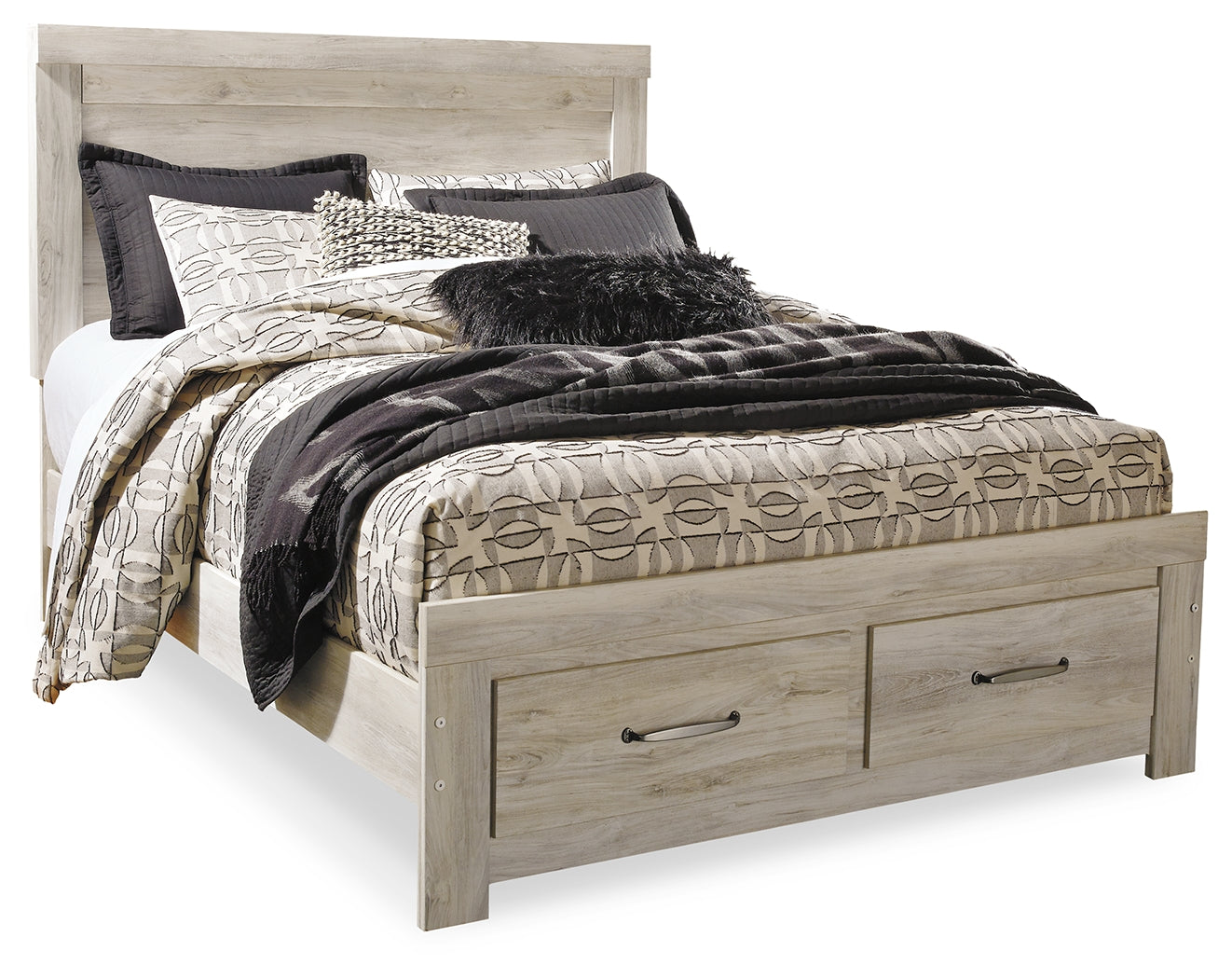 Bellaby Whitewash Queen Panel Storage Bedroom Set with Dresser, Mirror and Nightstand