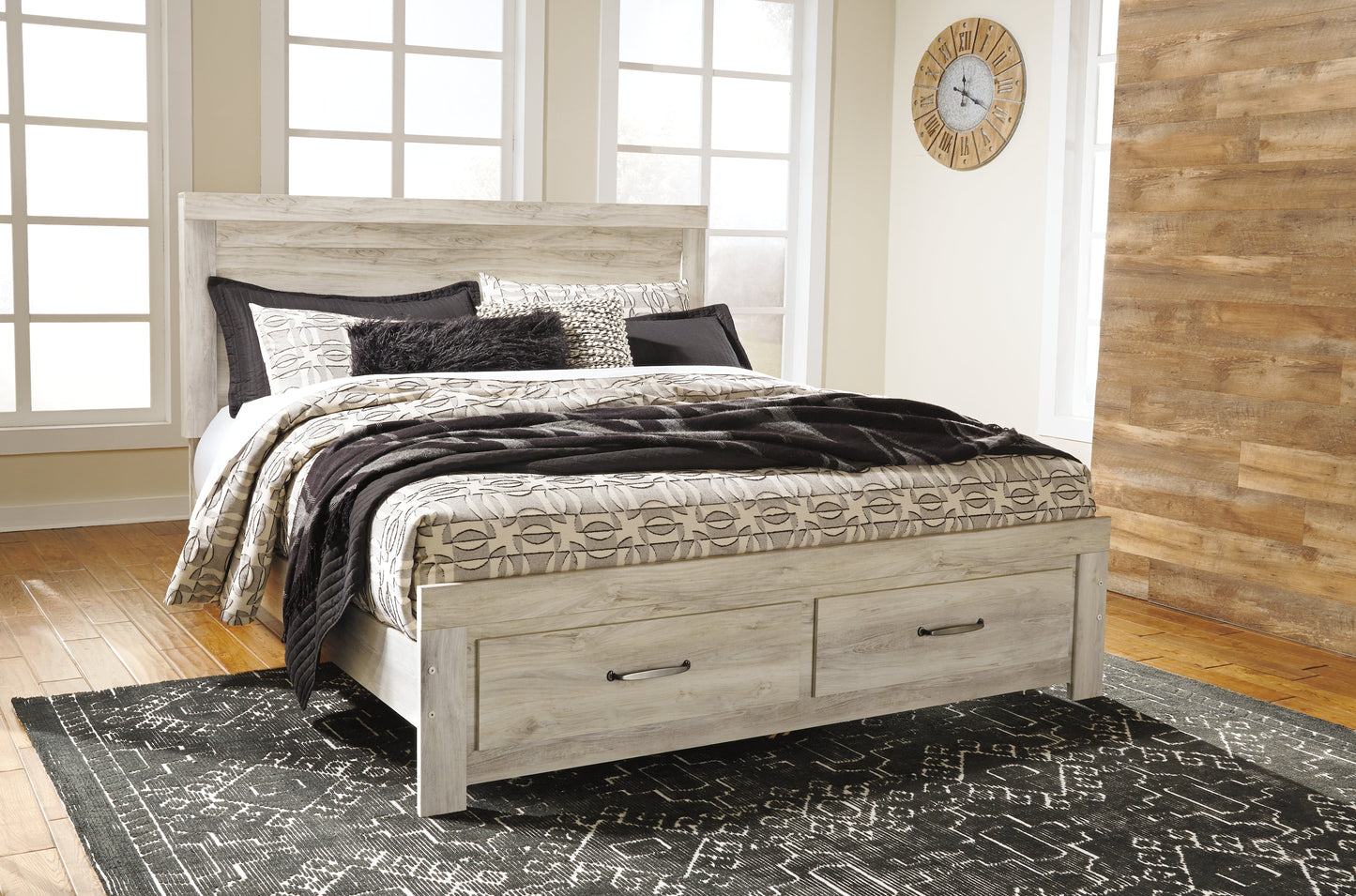 Bellaby Whitewash King Panel Storage Bedroom Set with Dresser, Mirror and 2 Nightstands