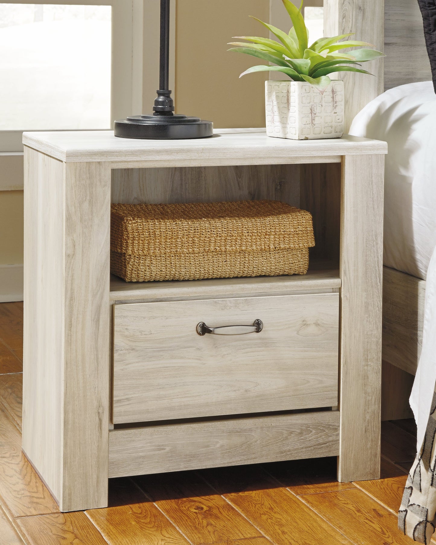 Bellaby Whitewash King Crossbuck Panel Bedroom Set with Dresser, Mirror, and Nightstand