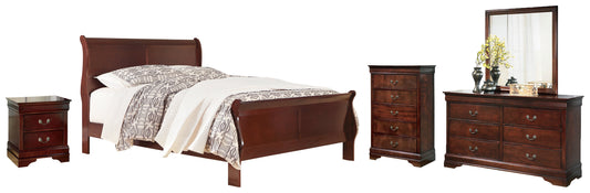 Alisdair Reddish Brown Queen Sleigh Bedroom Set with Dresser, Mirror, Chest and Nightstand