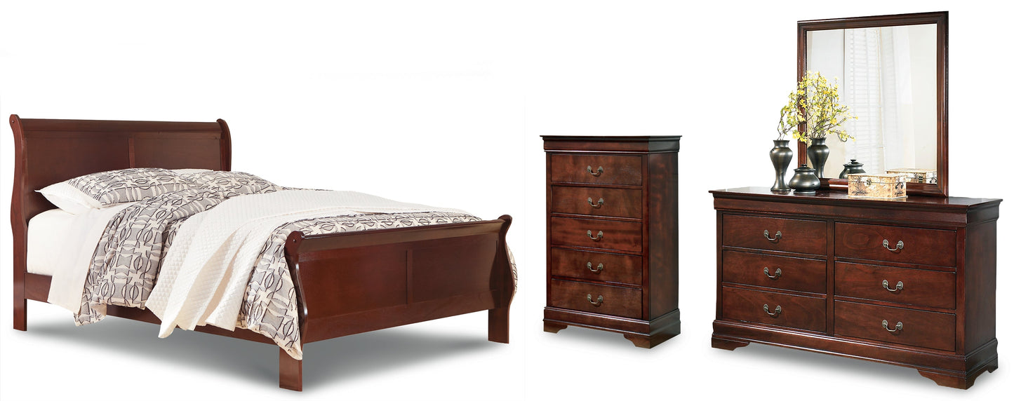 Alisdair Reddish Brown Queen Sleigh Bedroom Set with Dresser, Mirror, and Chest