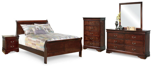 Alisdair Reddish Brown Full Sleigh Bedroom Set with Dresser, Mirror, Chest and Nightstand