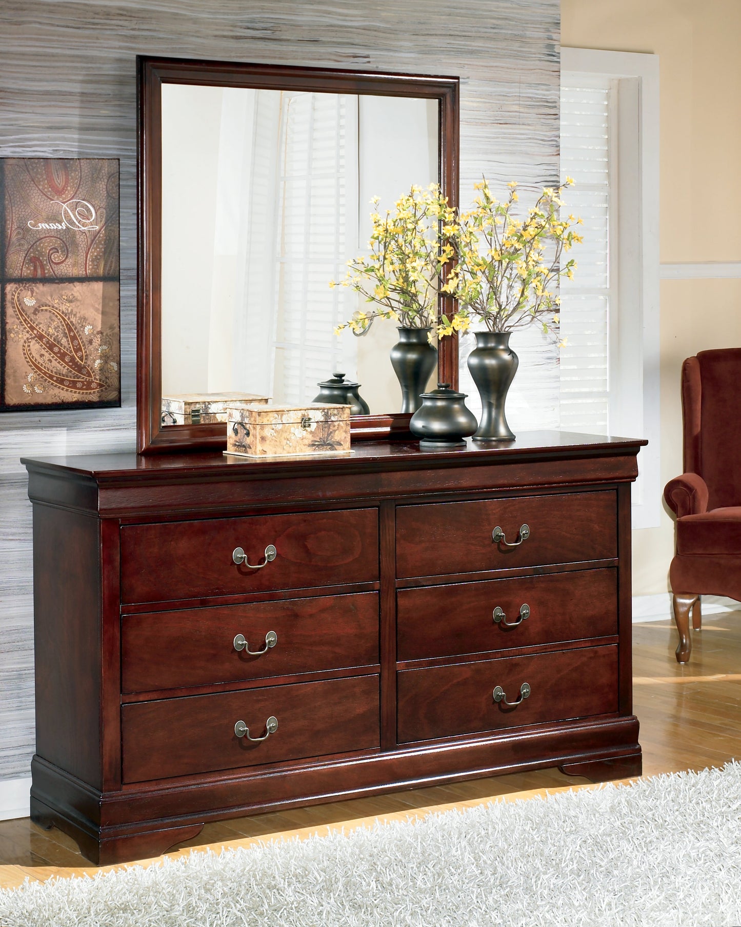 Alisdair Reddish Brown Full Sleigh Bedroom Set with Dresser, Mirror, Chest and Nightstand