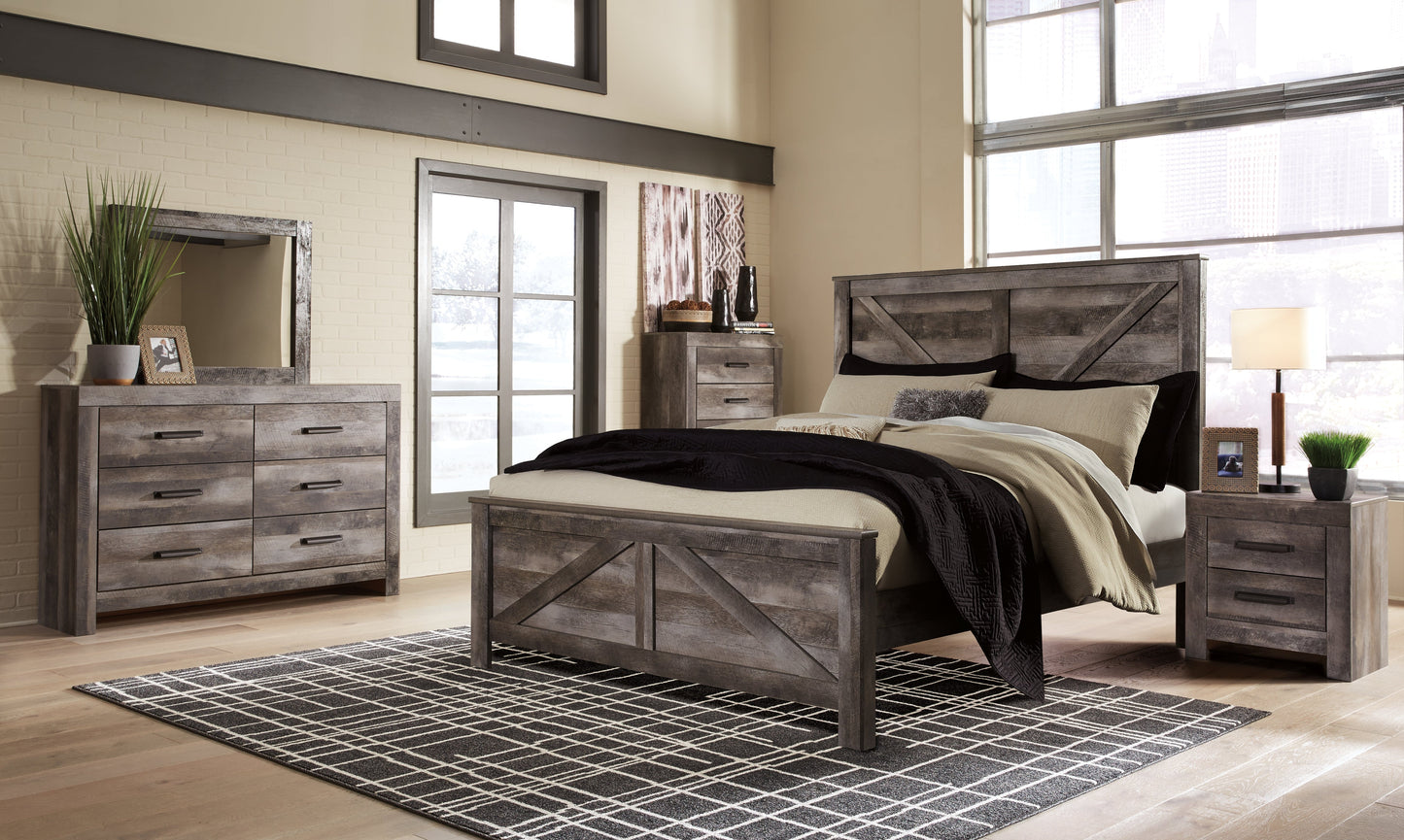 Wynnlow Gray King Crossbuck Panel Bedroom Set with Dresser, Mirror and Nightstand