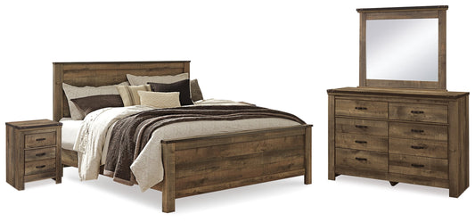 Trinell Brown King Panel Bedroom Set with Dresser, Mirror and 2 Nightstands