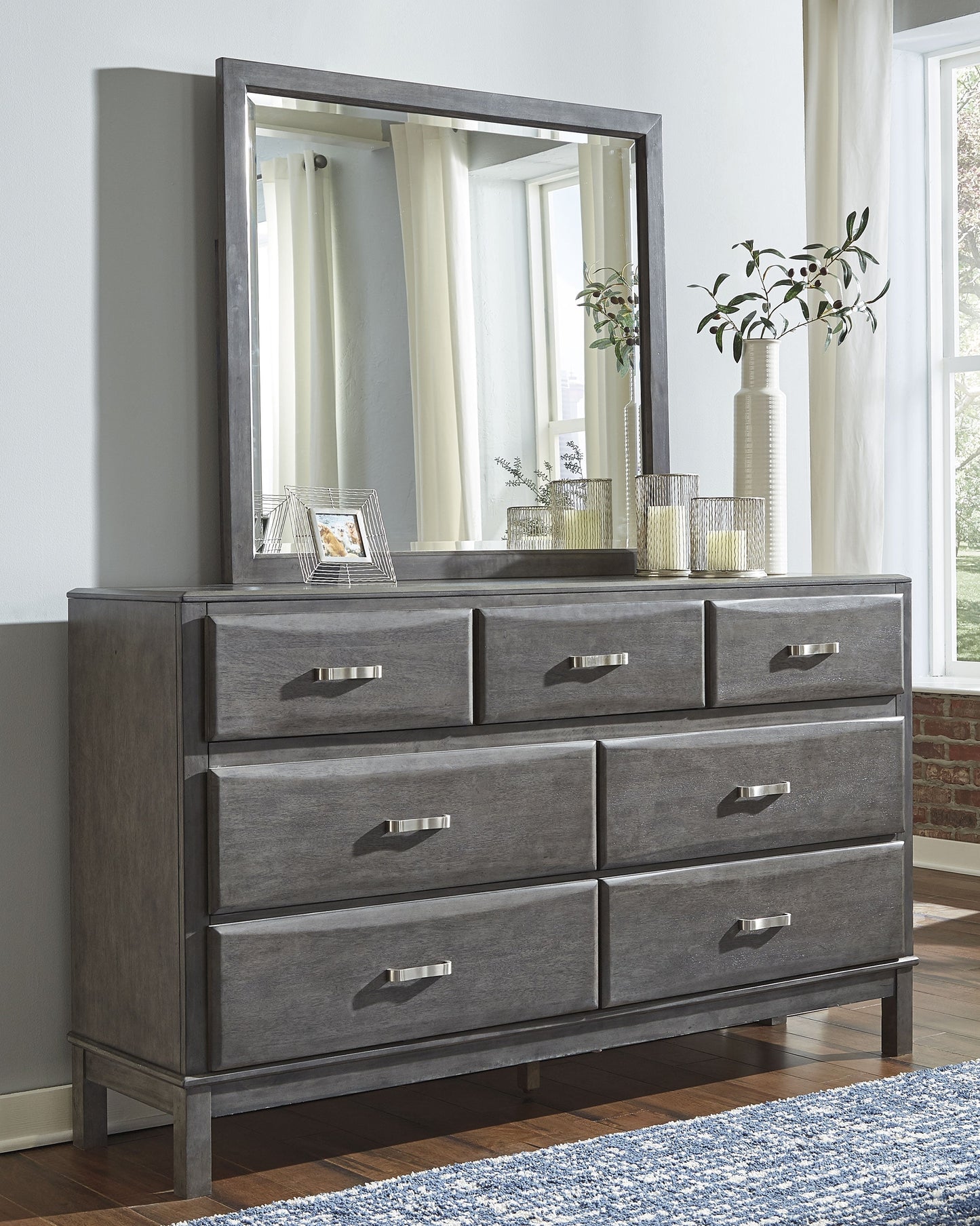 Caitbrook Gray King Storage Bedroom Set with Dresser, Mirror and 2 Nightstands