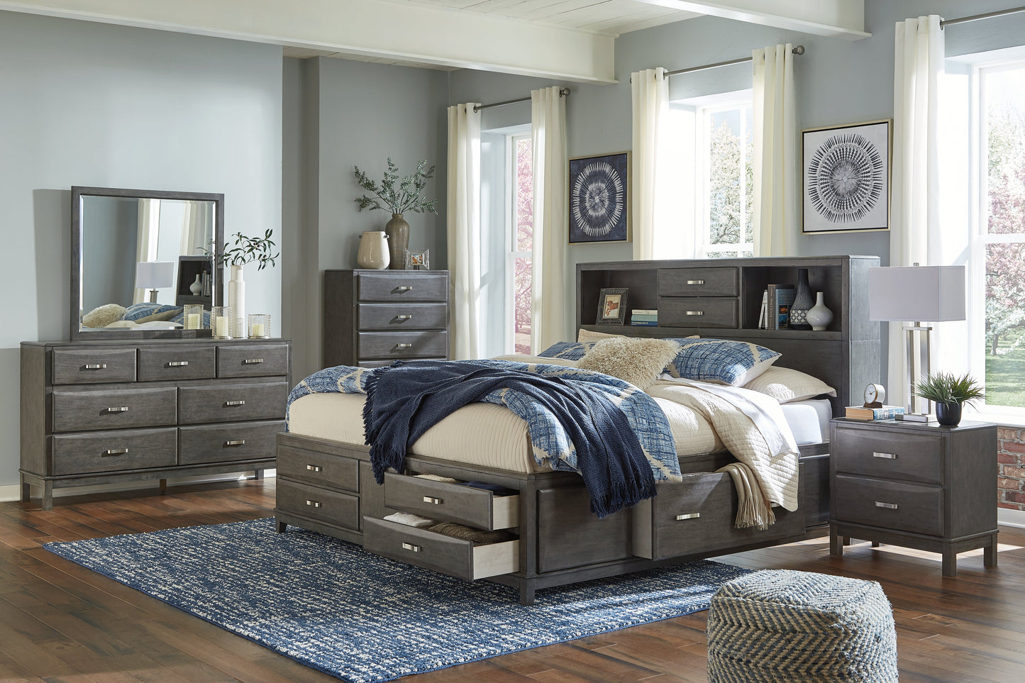 Caitbrook Gray Queen Storage Bedroom Set with Dresser, Mirror, Chest and 2 Nightstands