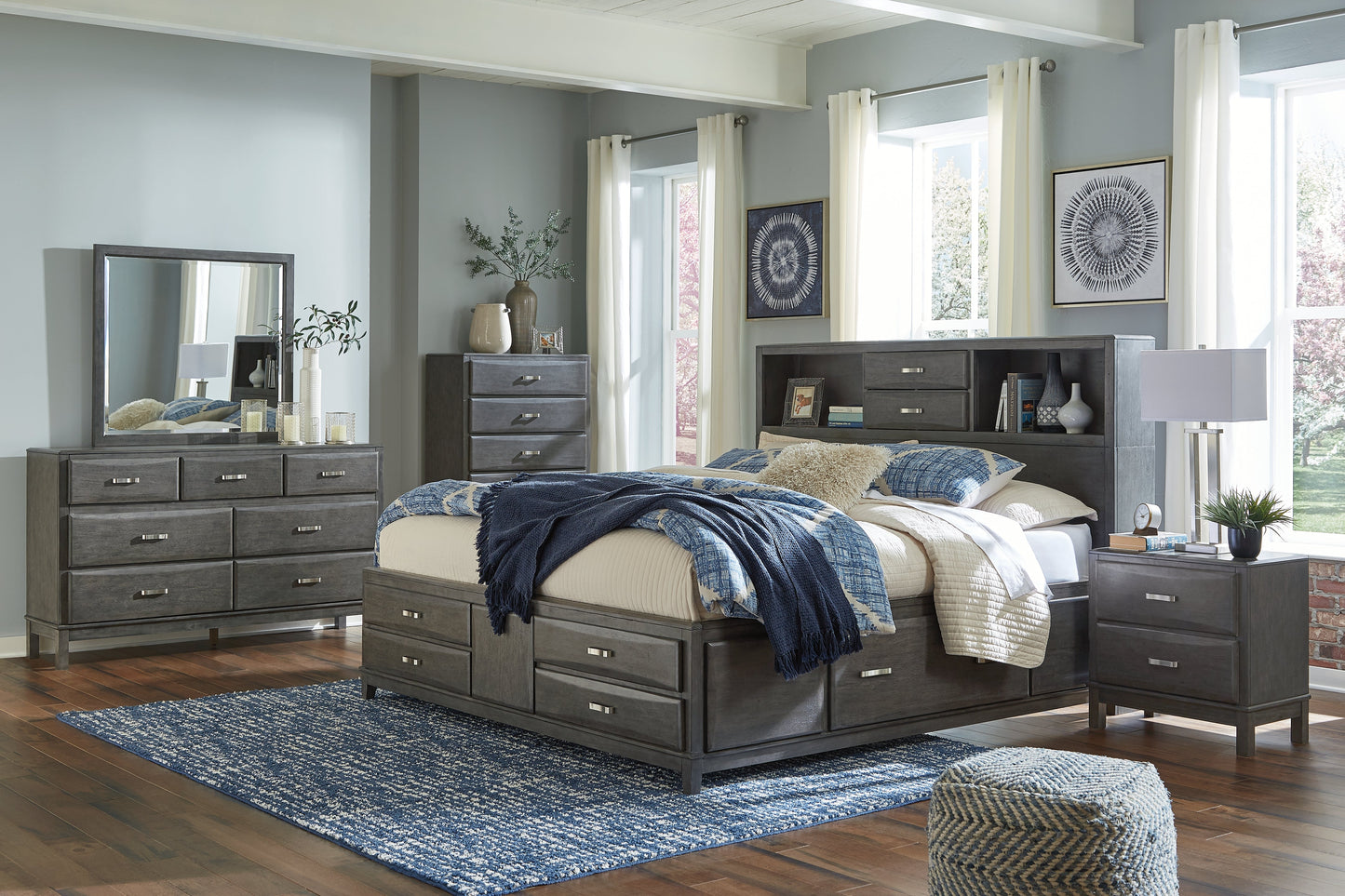 Caitbrook Gray King Storage Bedroom Set with Dresser, Mirror, Chest and 2 Nightstands