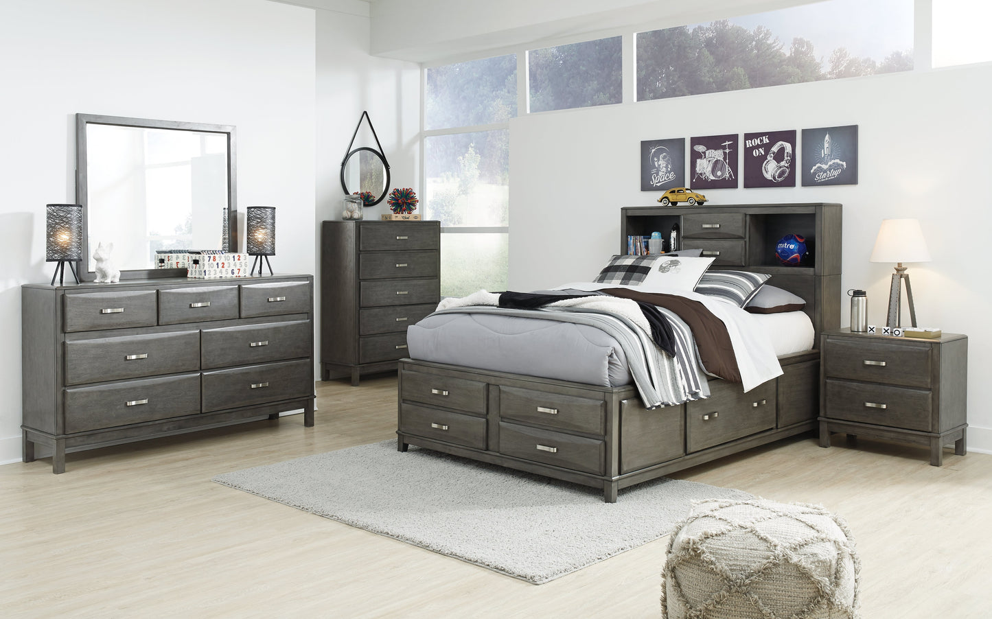 Caitbrook Gray Full Storage Bedroom Set with Mirrored Dresser