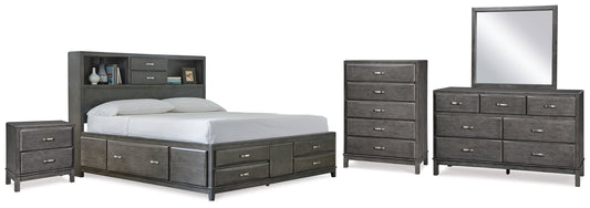 Caitbrook Gray Queen Storage Bedroom Set with Dresser, Mirror, Chest and Nightstand