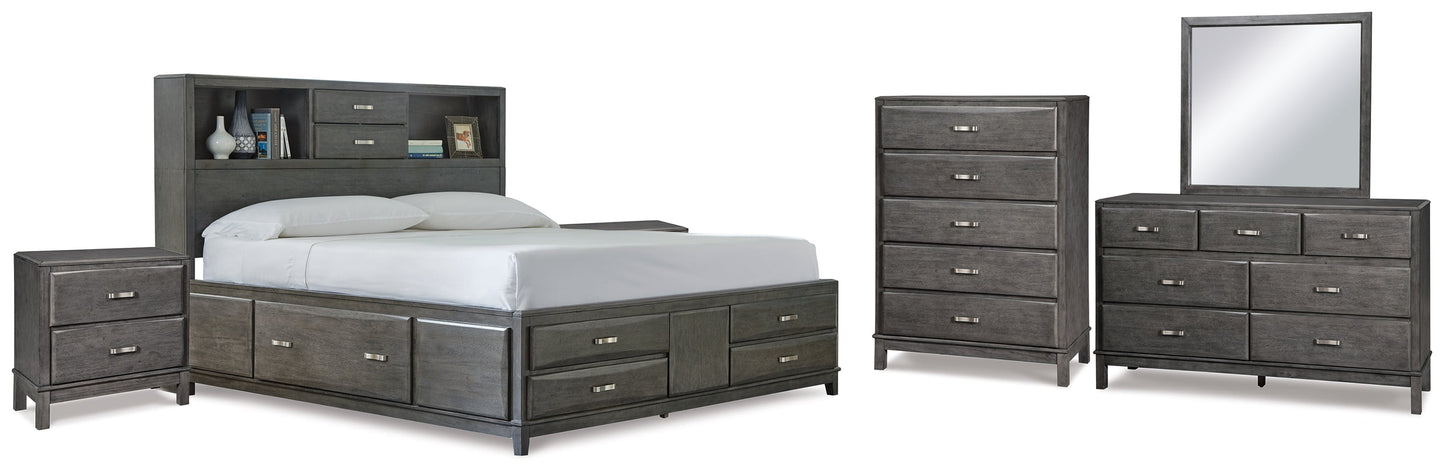 Caitbrook Gray King Storage Bedroom Set with Dresser, Mirror, Chest and 2 Nightstands