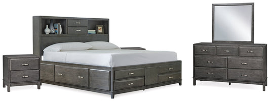 Caitbrook Gray King Storage Bedroom Set with Dresser, Mirror and 2 Nightstands