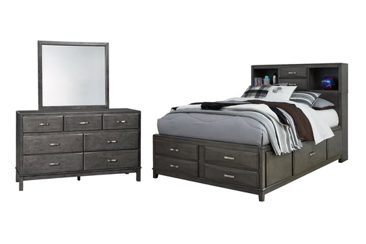 Caitbrook Gray Full Storage Bedroom Set with Mirrored Dresser