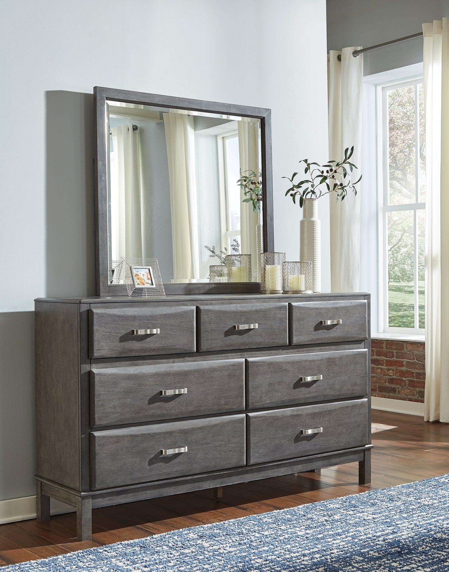 Caitbrook Gray King Storage Bedroom Set with Dresser, Mirror, Chest and 2 Nightstands